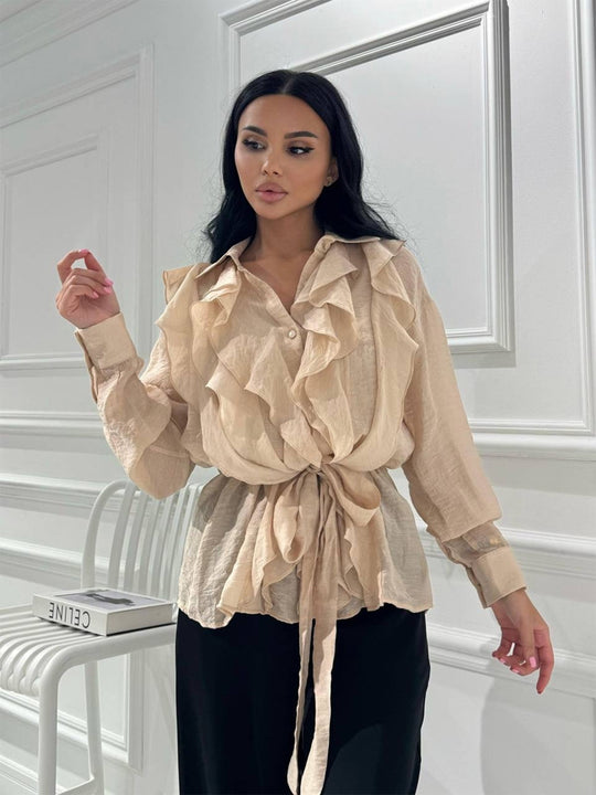 Damen Rüschige Chiffon‑Bluse mit Bindegürtel und Volants Nord Taschen