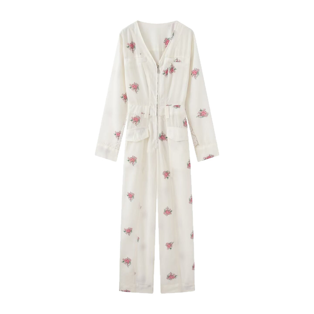 Damen Weicher Viskose-Overall mit floralem Print, Reißverschluss und weitem Bein Nord Taschen