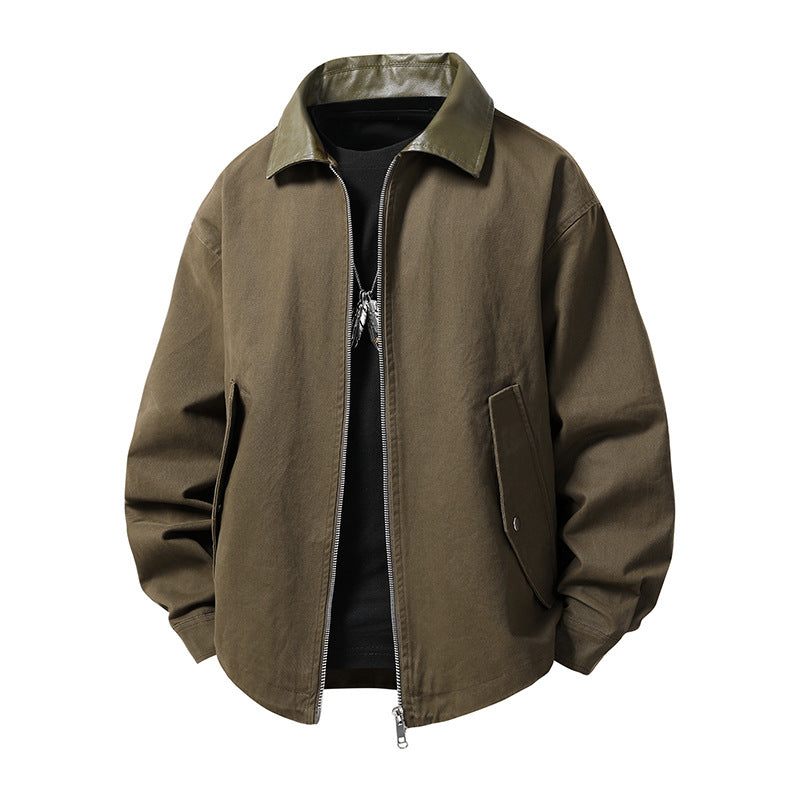 Herren leichte Oversize-Übergangsjacke mit Kontrastkragen aus Kunstleder und Zwei-Wege-Reißverschluss Nord Taschen