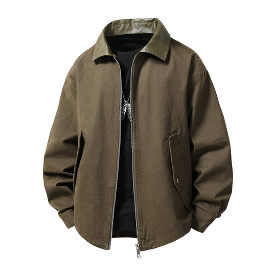 Herren leichte Oversize-Übergangsjacke mit Kontrastkragen aus Kunstleder und Zwei-Wege-Reißverschluss Nord Taschen
