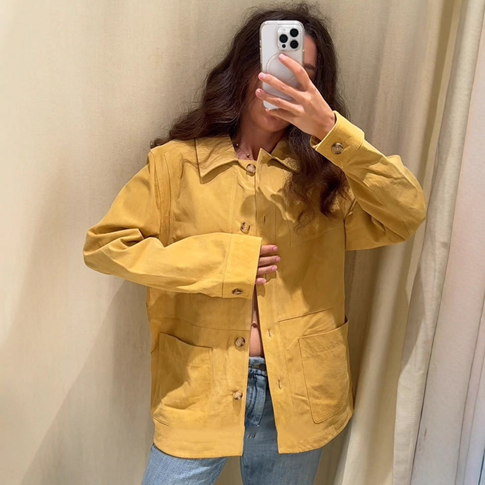Damen Oversize Baumwoll-Worker-Jacke mit aufgesetzten Taschen Nord Taschen