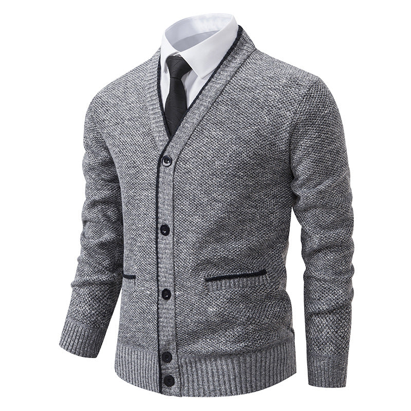 Herren melierter Strukturstrick-Cardigan mit V-Ausschnitt, Kontrastkanten und aufgesetzten Taschen Nord Taschen