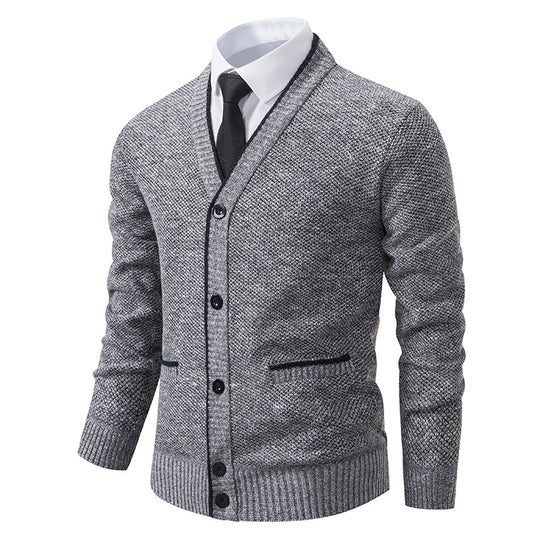 Herren melierter Strukturstrick-Cardigan mit V-Ausschnitt, Kontrastkanten und aufgesetzten Taschen Nord Taschen