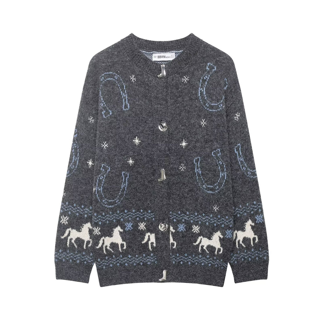 Damen Strickcardigan mit Pferde- und Hufeisen-Jacquard und Zierknöpfen Nord Taschen