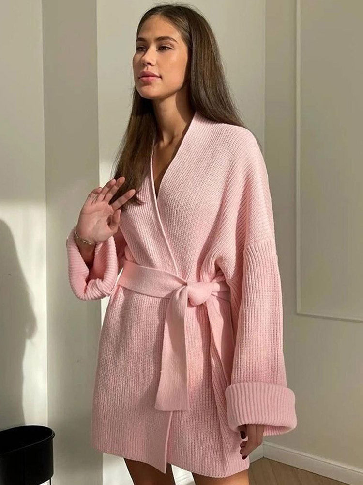 Damen Oversize Strickmantel mit Bindegürtel und geripptem Feinstrick Nord Taschen