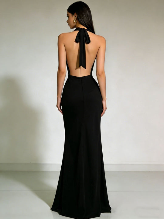 Damen Elegantes und figurbetontes Abendkleid mit tiefem V-Ausschnitt und fließendem Rock Nord Taschen