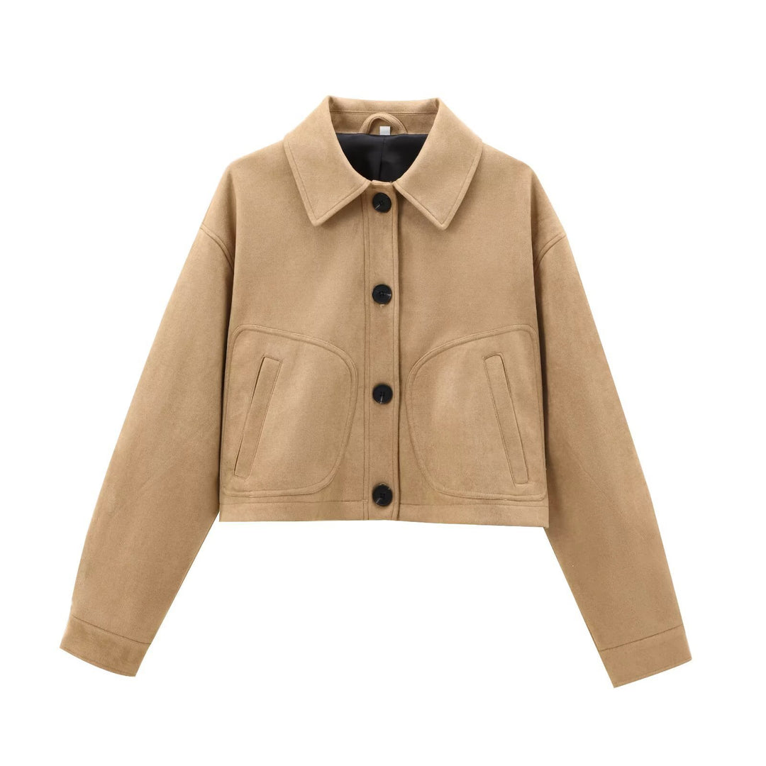 Damen Cropped-Boxy-Übergangsjacke in Veloursoptik mit Hemdkragen und aufgesetzten Taschen Nord Taschen