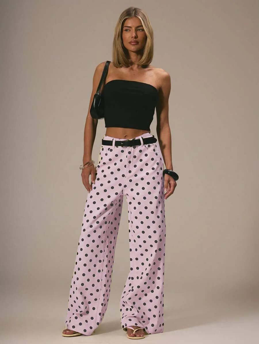 Damen weite Polka-Dot Palazzo-Hosen mit high-waist Schnitt