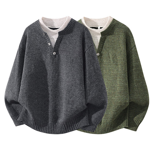 Damen Oversize-Strickpullover mit Henley‑Halbknopfkragen und geripptem Saum Nord Taschen