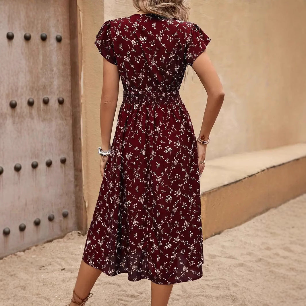 Damen Midikleid mit elastischem Tailleneinsatz und Rüschenärmeln