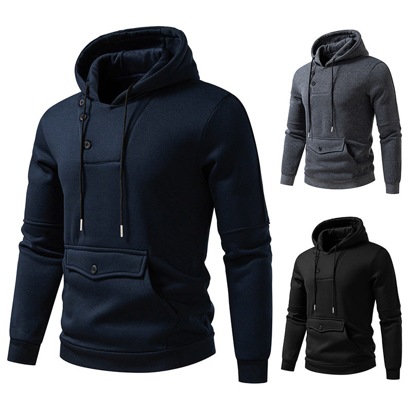 Herren Oversize Baumwoll-Fleece Kapuzenpullover mit asymmetrischer Knopfleiste und aufgesetzter Kängurutasche Nord Taschen