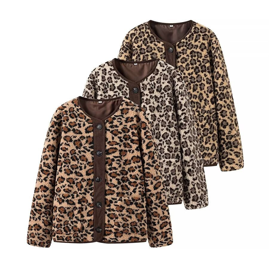 Damen Teddyjacke mit Leopardenprint, Cordbesatz und Knopfverschluss Nord Taschen