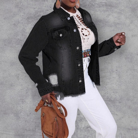Damen Distressed Denimjacke mit ausgefranstem Saum und Relaxed-Fit Nord Taschen