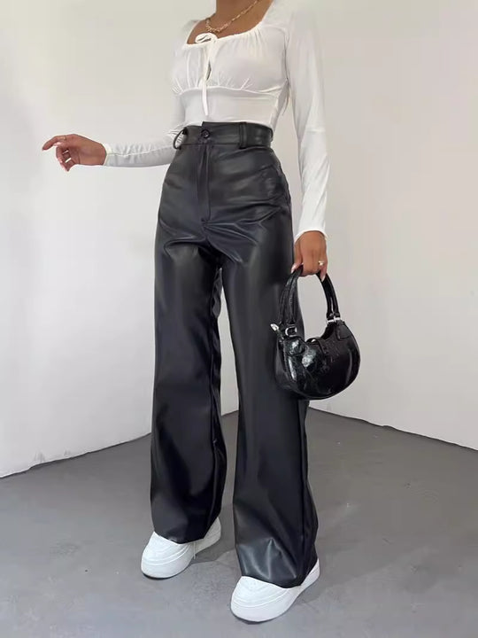 Damen Weite High-Waist-Hose aus Satinoptik mit weitem Bein Nord Taschen