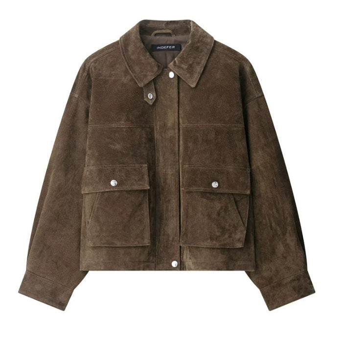 Damen 100+ kurze Veloursleder‑Blousonjacke mit Pattentaschen und Druckknopfverschluss Nord Taschen