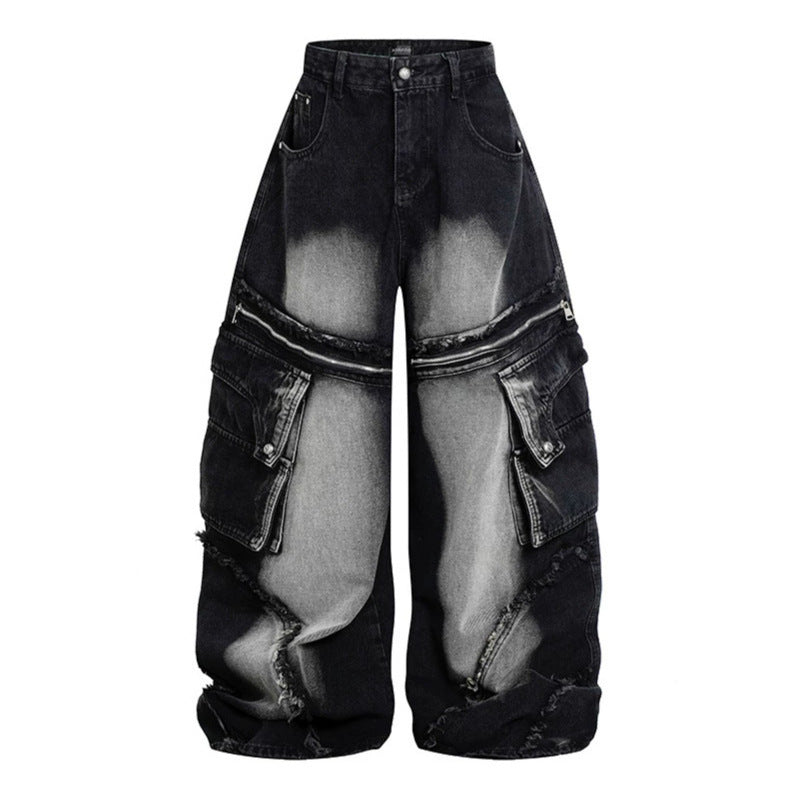 Damen Weite High‑Waist Cargo-Jeans im Baggy-Look mit Distressed-Details und Reißverschluss-Paneel Nord Taschen
