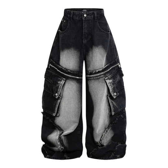 Damen Weite High‑Waist Cargo-Jeans im Baggy-Look mit Distressed-Details und Reißverschluss-Paneel Nord Taschen