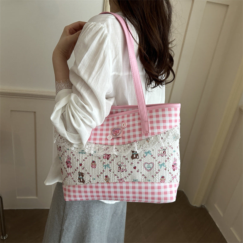 Damen Shopper-Tasche mit romantischem Karomuster und zarten Spitzendetails Nord Taschen