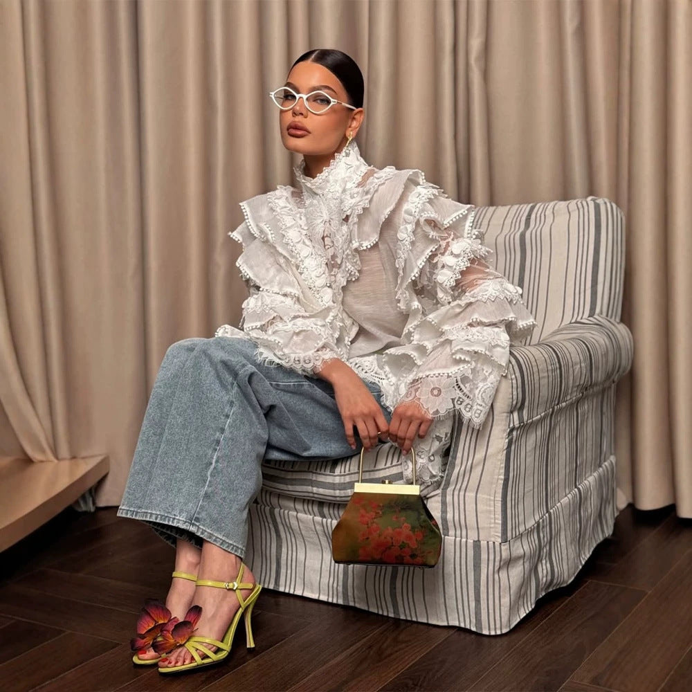 Damen Transparente Spitzenbluse mit Volant-Ärmeln und hohem Stehkragen Nord Taschen