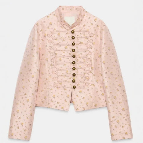 Damen Cropped Militärblouson mit Mandarinkragen, Zierkordeln und floraler Webstruktur Nord Taschen
