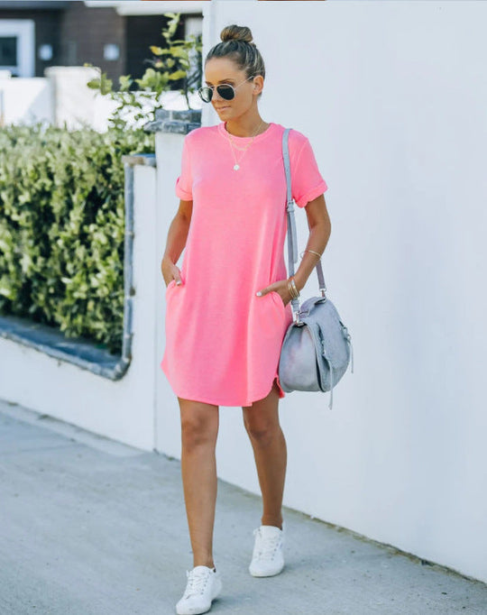 Damen lässiges Freizeitkleid mit Taschen und Rundhalsausschnitt