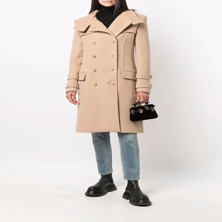 Damen Eleganter Wollmix-Longcoat im Marineinspirierten Doppelreiher mit Oversized-Schalkragen und Zierärmeln Nord Taschen