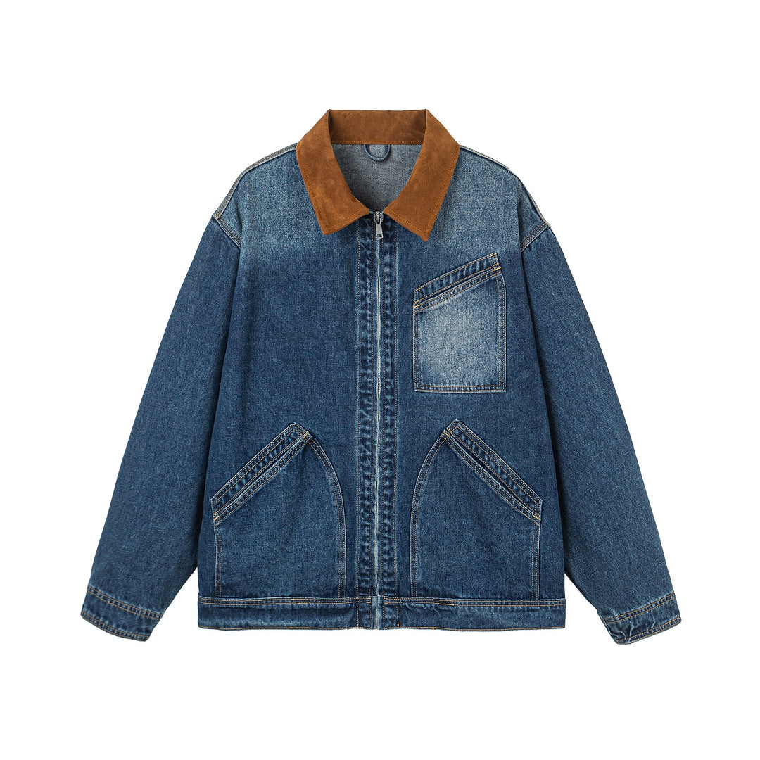 Damen Oversize-Denimjacke mit Velourslederkragen, verdecktem Reißverschluss und markanten Einstecktaschen Nord Taschen