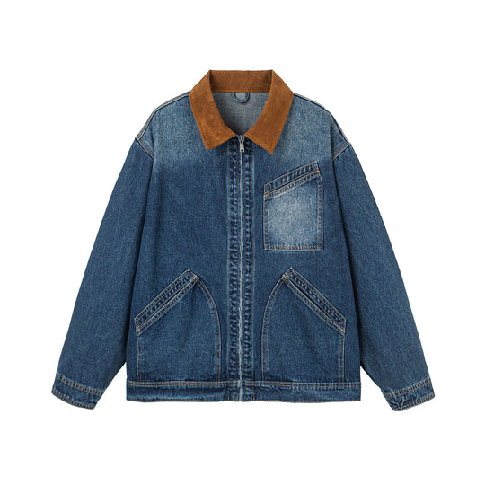 Damen Oversize-Denimjacke mit Velourslederkragen, verdecktem Reißverschluss und markanten Einstecktaschen Nord Taschen