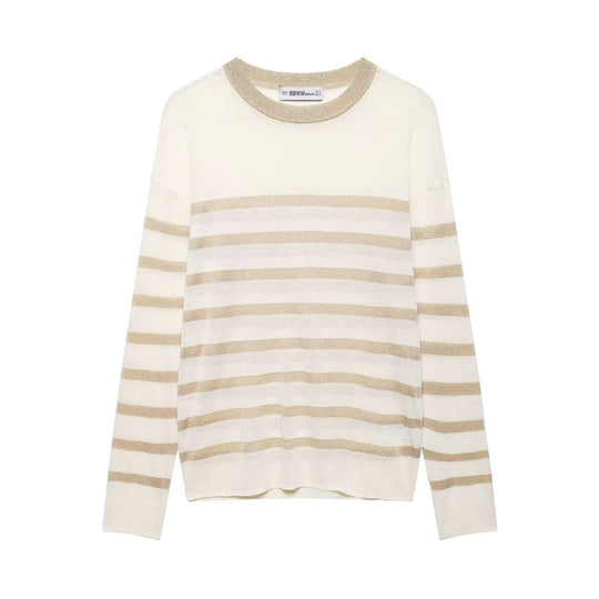 Damen Leichter gestreifter Feinstrickpullover mit Metallic‑Streifen und Rundhalsausschnitt Nord Taschen