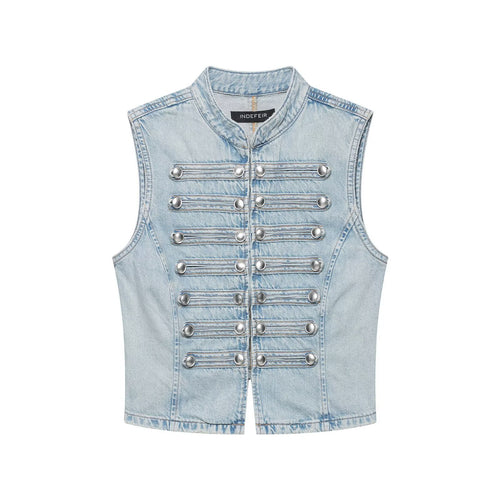 Damen Jeansweste im Military-Look mit Stehkragen und dekorativer Druckknopfleiste Nord Taschen