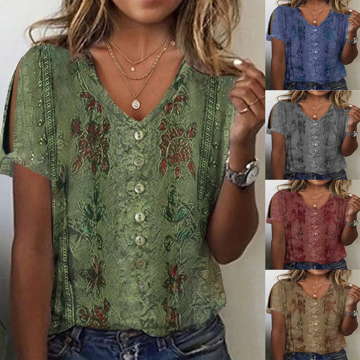 Damen V-Ausschnitt Bluse mit floralen Details und Knopfverschluss