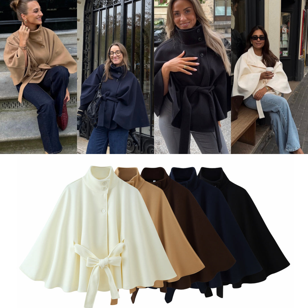Damen 2900+ eleganter kurzer Cape‑Umhang mit Stehkragen, Knopfleiste und Taillenband Nord Taschen