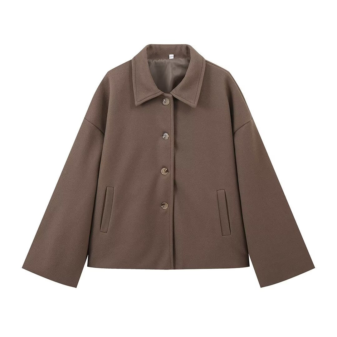 Damen Kurzjacke im Boxy‑Schnitt aus Wollmix mit Hemdkragen und verdeckter Knopfleiste Nord Taschen