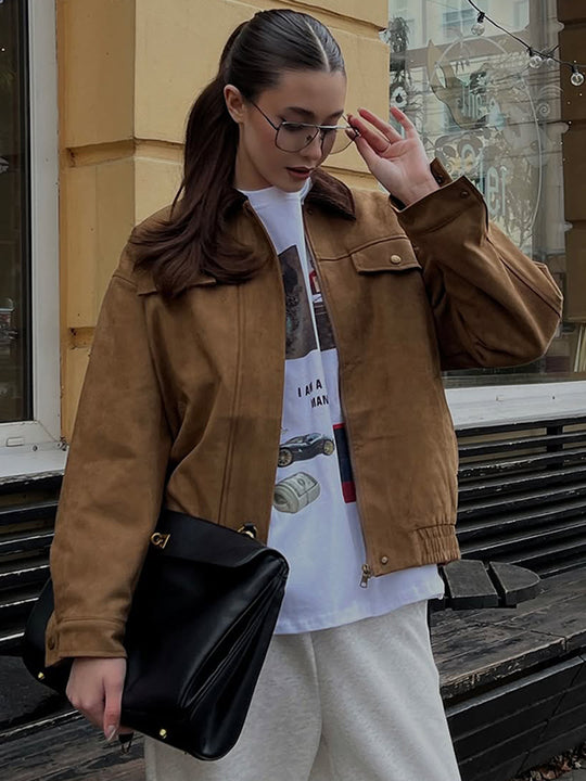 Damen Boxy-Suede-Blousonjacke mit Cordkragen und Teddyfutter Nord Taschen