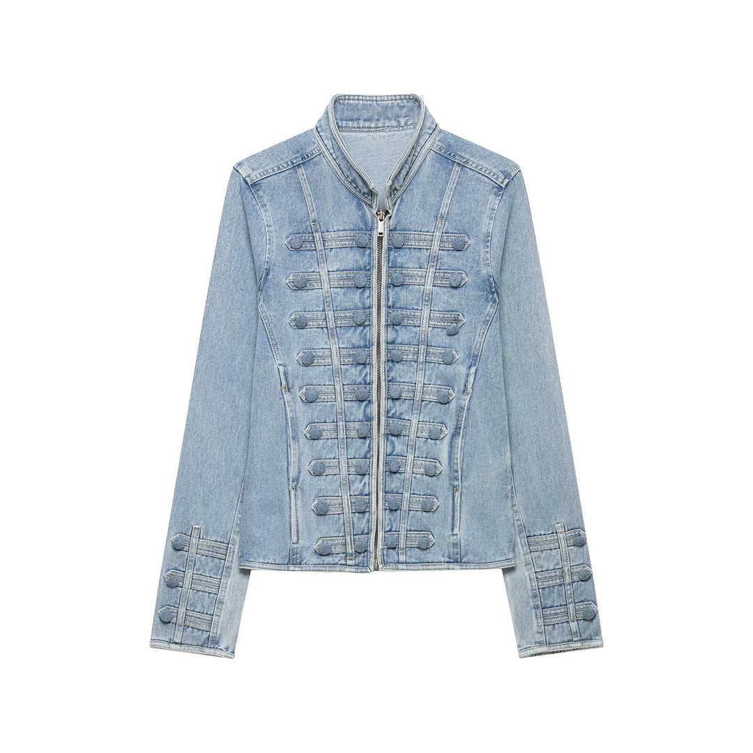 Damen Taillierte Denimjacke mit militärischen Galon‑Details und Stehkragen Nord Taschen