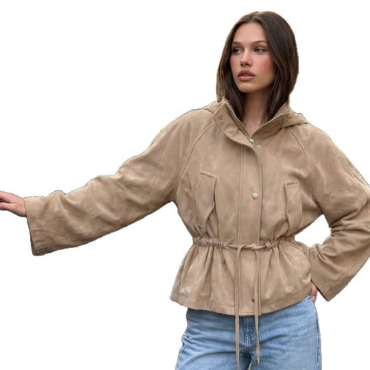 Damen Kurzjacke in Veloursleder‑Optik mit Kapuze und Taillenzug Nord Taschen