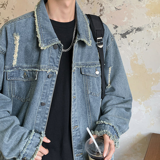 Herren Oversize Jeansjacke mit Used‑Look, ausgefransten Kanten und Druckknöpfen Nord Taschen