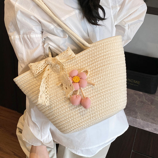 Damen Jute-Strandtasche mit dekorativen Blumen-Detail Nord Taschen