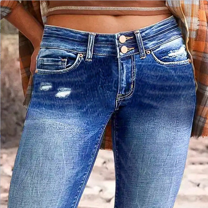 Damen hochgeschnittene Slim‑Cropped‑Jeans mit rohem Saum, Used‑Wash und elastischem Komfortbund Nord Taschen