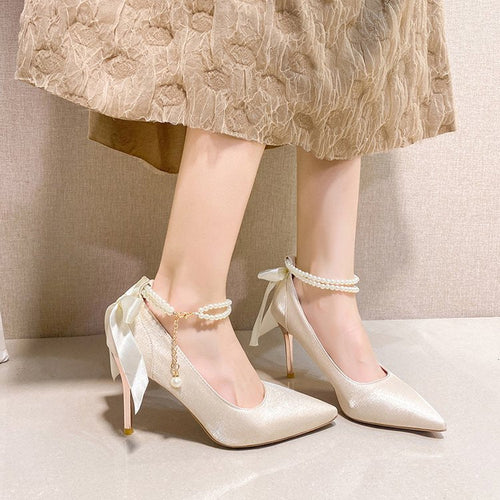 Damen Spitzenhigh Heels mit Perlenakzenten und elegantem Schleifenverschluss