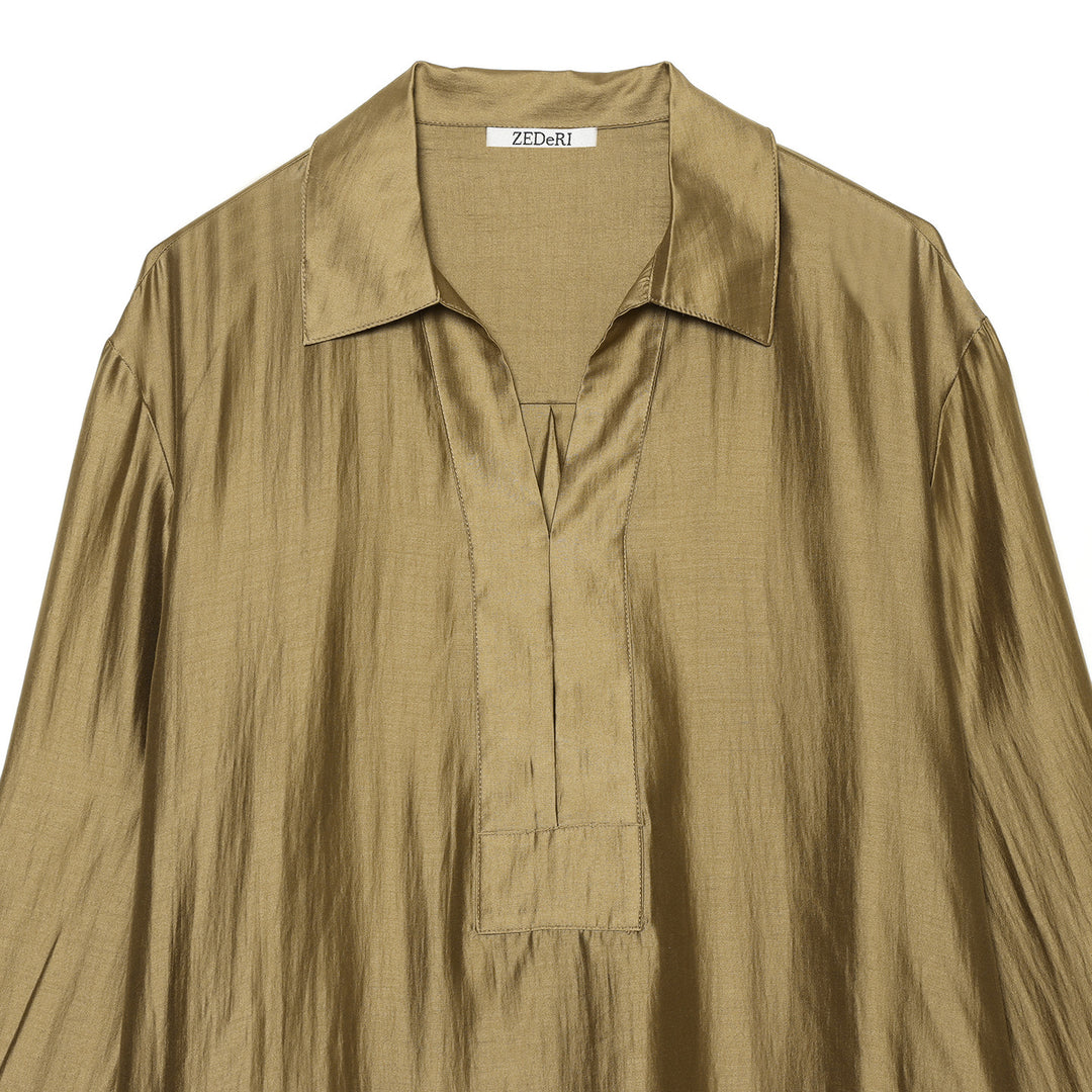 Damen Oversize-Satinbluse mit Hemdkragen, verdeckter Knopfleiste und Manschetten Nord Taschen