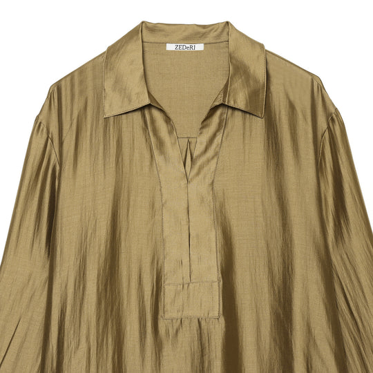 Damen Oversize-Satinbluse mit Hemdkragen, verdeckter Knopfleiste und Manschetten Nord Taschen