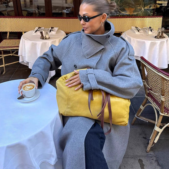Damen Oversize Mantel aus Wollmix mit hohem Stehkragen und asymmetrischer Knopfleiste Nord Taschen