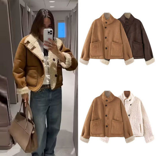 Damen Kurze Schaffelloptik-Jacke mit Stehkragen und großen aufgesetzten Taschen Nord Taschen