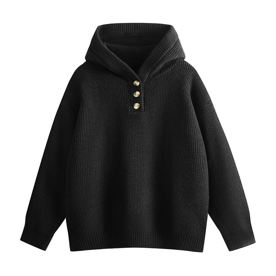 Damen Relaxed Kapuzenpullover aus geripptem Strick mit Halbsteg-Knopfleiste Nord Taschen