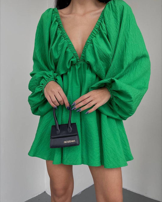 Damen Lockeres Minikleid mit tiefem V-Ausschnitt und Ballonärmeln Nord Taschen