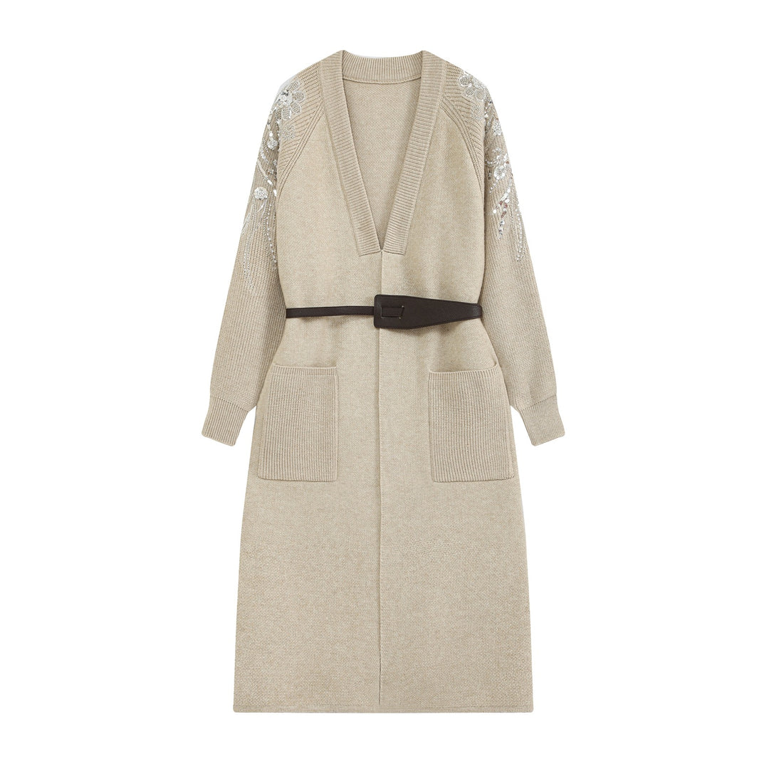 Damen Lange Strickjacke mit Gürtel, tiefem V‑Ausschnitt und bestickten Paillettenärmeln Nord Taschen