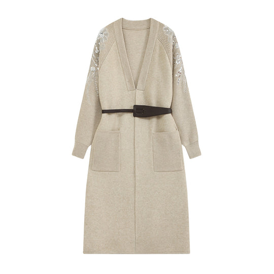Damen Lange Strickjacke mit Gürtel, tiefem V‑Ausschnitt und bestickten Paillettenärmeln Nord Taschen