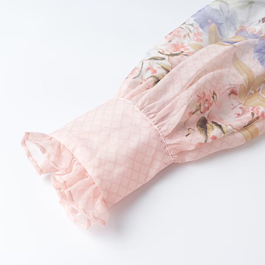 Damen Maxikleid aus Chiffon mit floralem Print, Stehkragen und Puffärmeln Nord Taschen