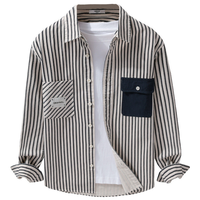 Herren Gestreiftes Overshirt mit Kontrast-Brusttaschen und Kentkragen aus Baumwollmix Nord Taschen